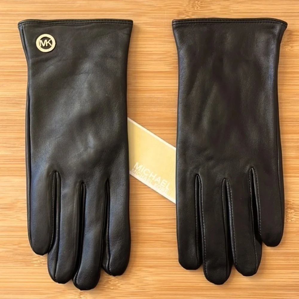 Brand New Michael Kors Black Genuine Leather Gloves w/ Gold Tone Logo Accent